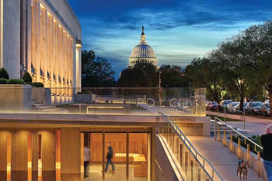 An exterior shot of the Folger with the U.S. Capitol Building. 
