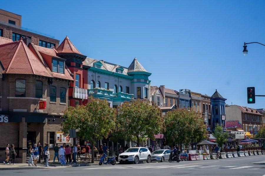 A view of the buildings on Adams Morgan's main street in DC.