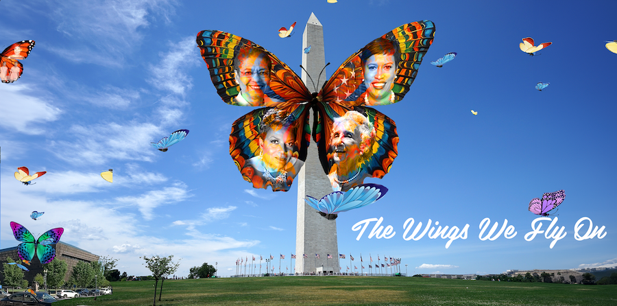 A digital butterfly artwork featuring historical figures appears in augmented reality in front of the Washington Monument.