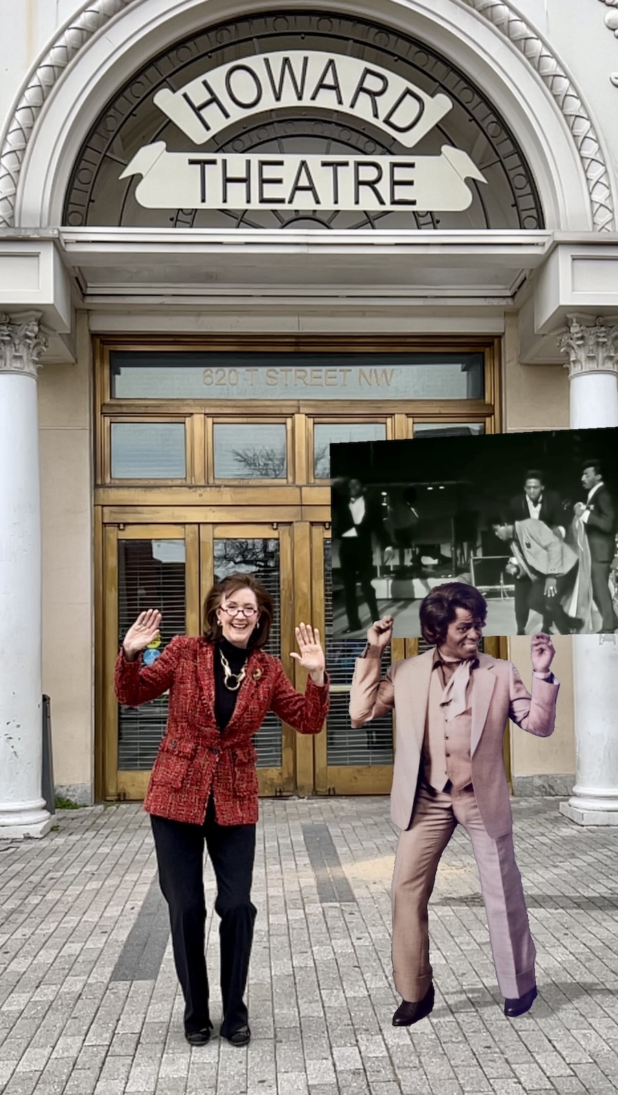 A person poses outside the Howard Theatre alongside an augmented reality image of James Brown dancing.