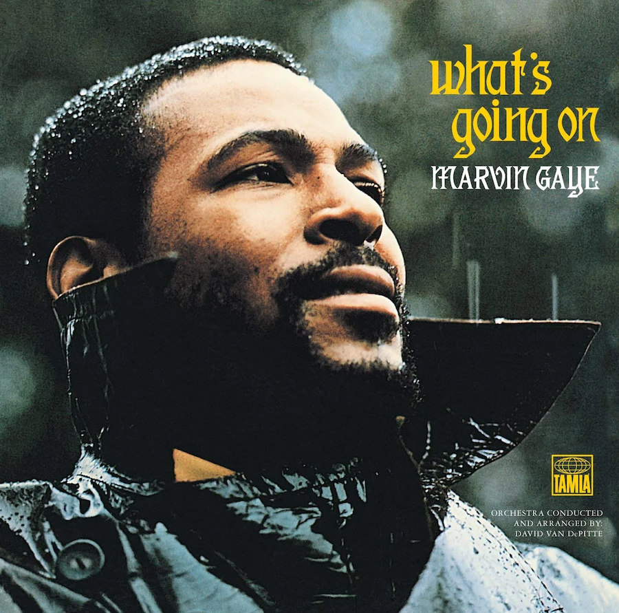 Album cover with a man looking upward; yellow “What’s Going On” text on green background
