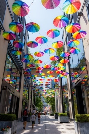 Colorful umbrellas hanging overhead in a narrow city walkway between tall buildings