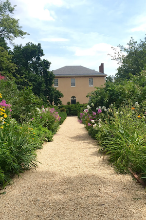 Gravel garden path lined with flowers leading to a beige house under a blue sky