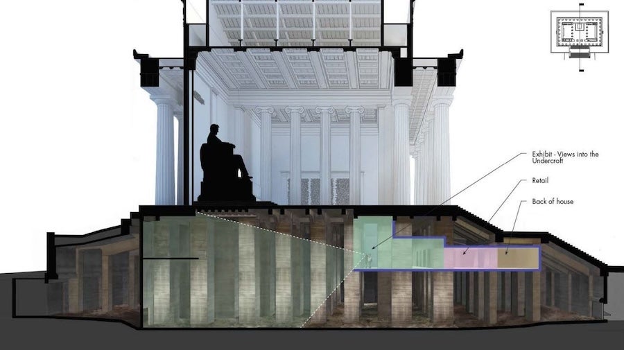Cross-section diagram of a building with interior rooms and a silhouetted figure