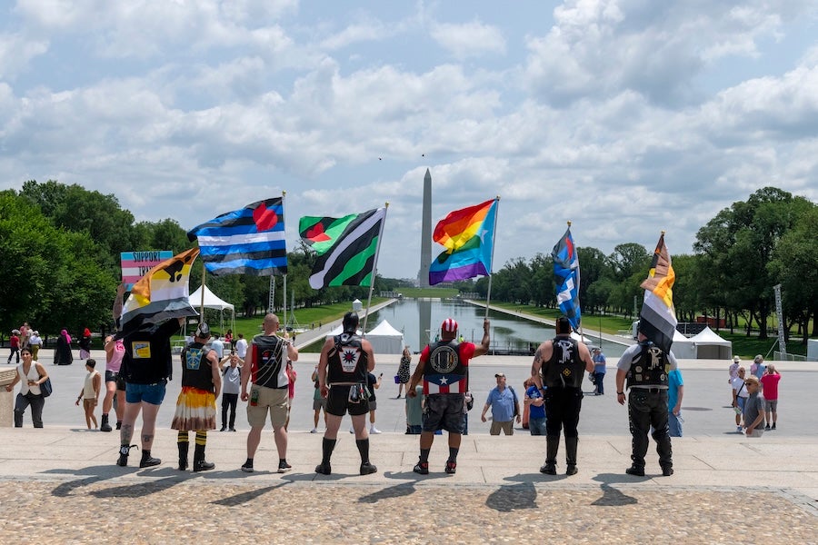 Group holding various pride flags in front of the Washington Monument and the Reflecting Pool under a cloudy sky