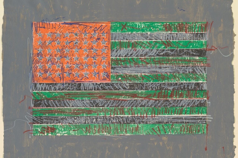 Abstract American flag graphic with orange stars and green striped field on gray background