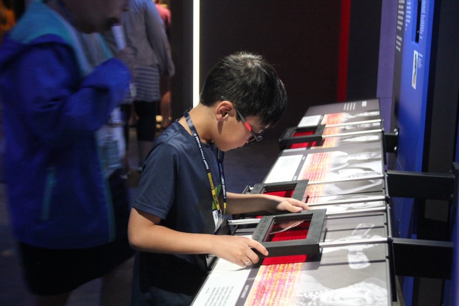 Child using touchscreen at a row of interactive displays in a dimly lit exhibit