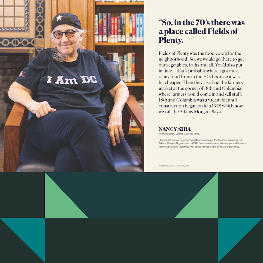 Man in “I Am DC” shirt sits in chair beside a quote page in library.