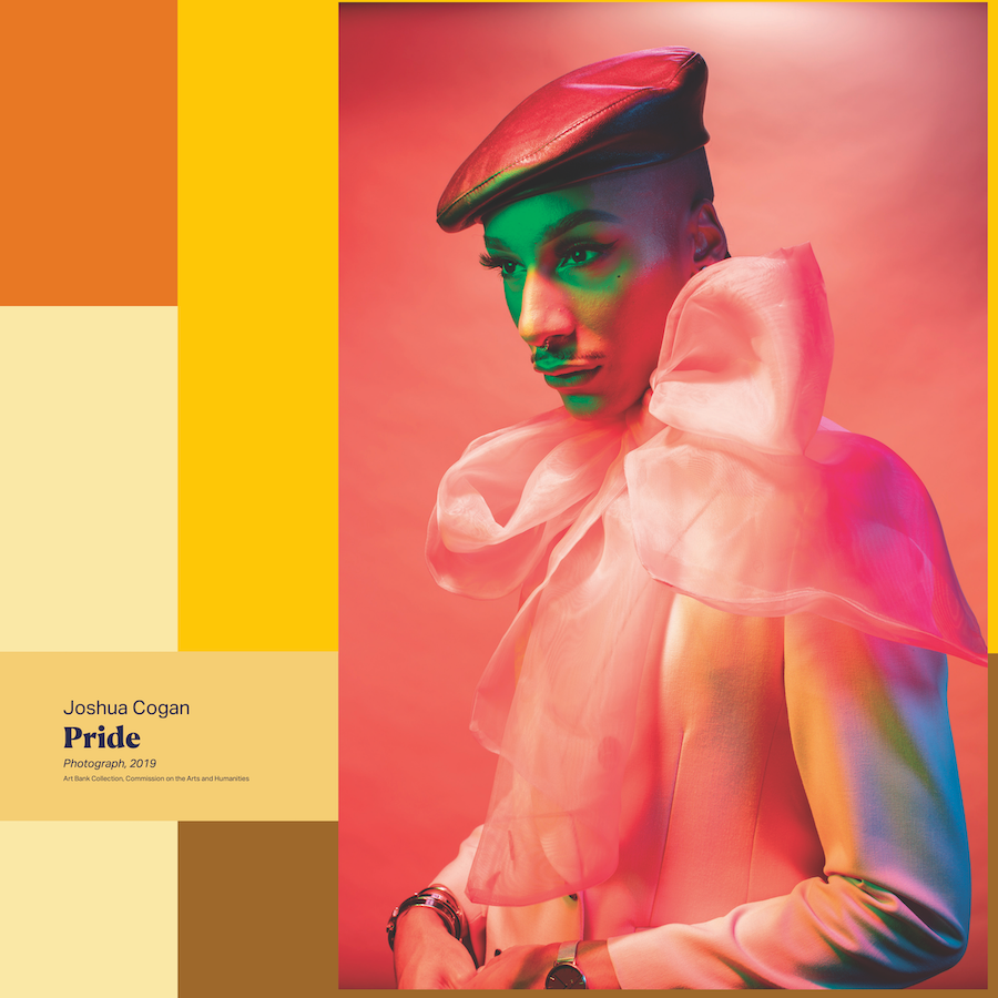 Colorful portrait of person in beret and sheer ruffled top on poster