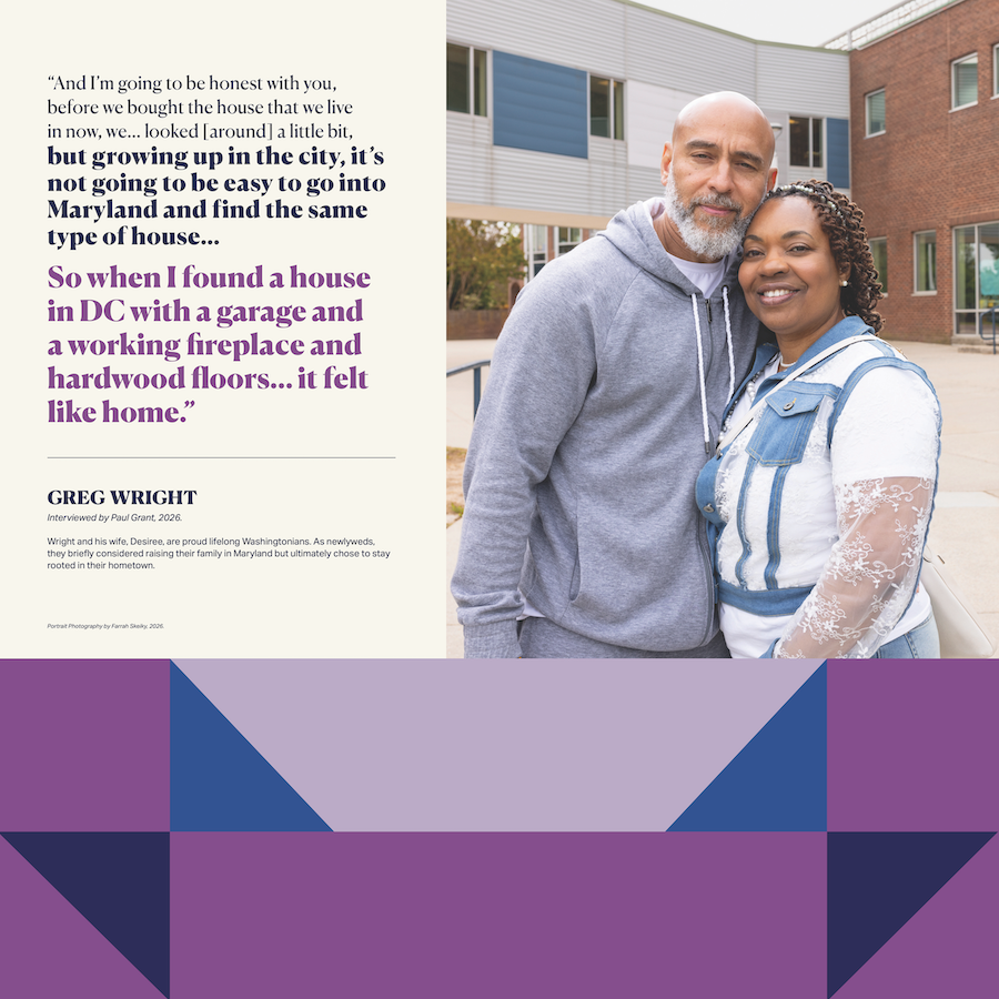 Smiling couple posing outdoors by an apartment building, with quote text at left