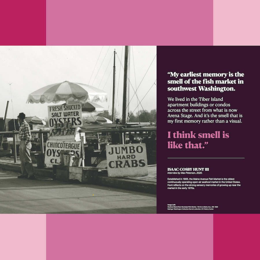 Graphic with black-and-white seafood stand photo and quote on purple background