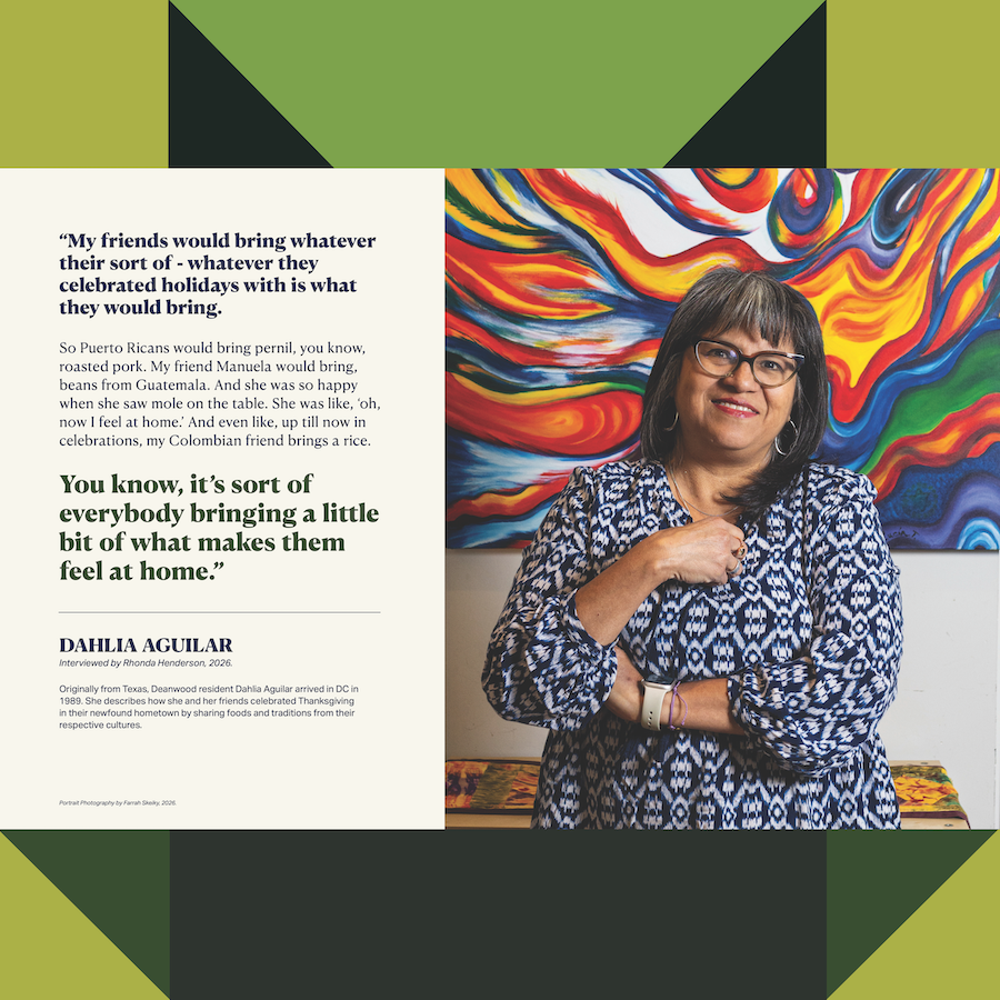 Woman standing with arms crossed in front of a colorful abstract mural, beside quote text