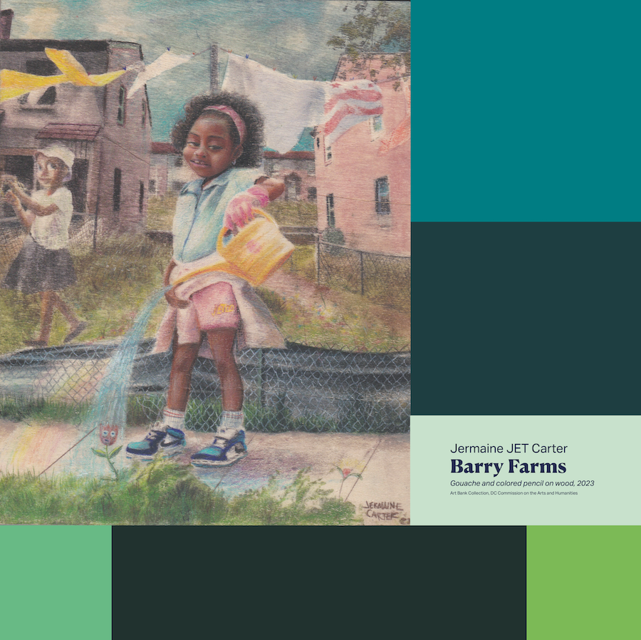Poster illustration of a young girl near houses, with “Barry Farms” text