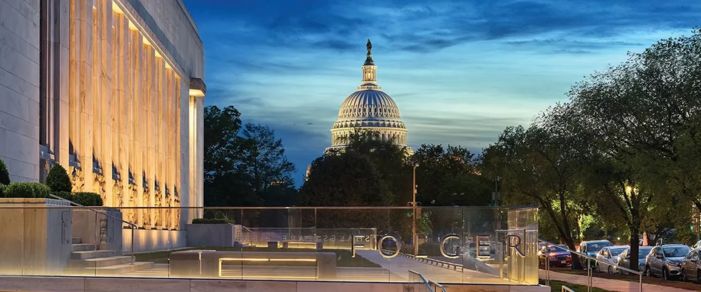 An exterior shot of the Folger with the U.S. Capitol Building. 