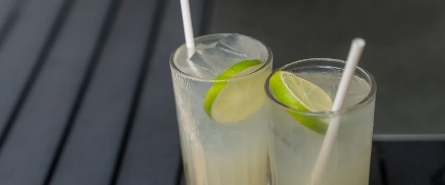 A. closeup of two tall glasses with limes and straws. 