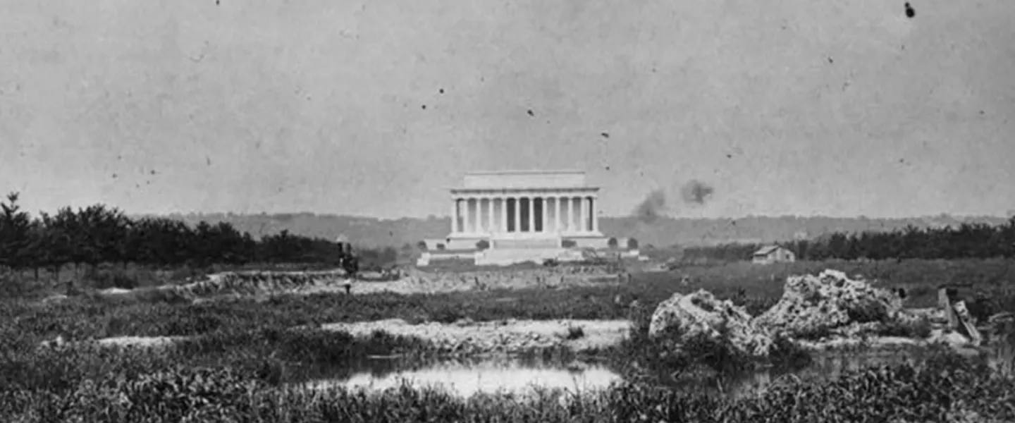 A view of the Lincoln Memorial across the marshland that will later become the National Mall.