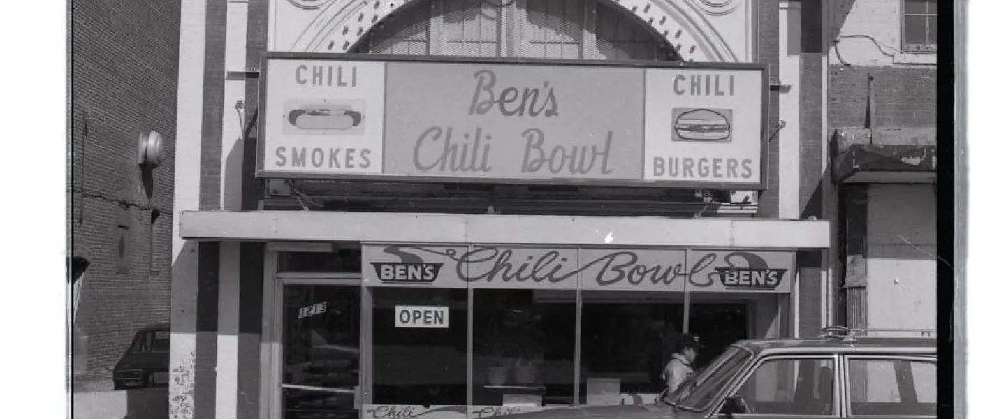 A historic photo shows Ben’s Chili Bowl storefront with a parked car out front.