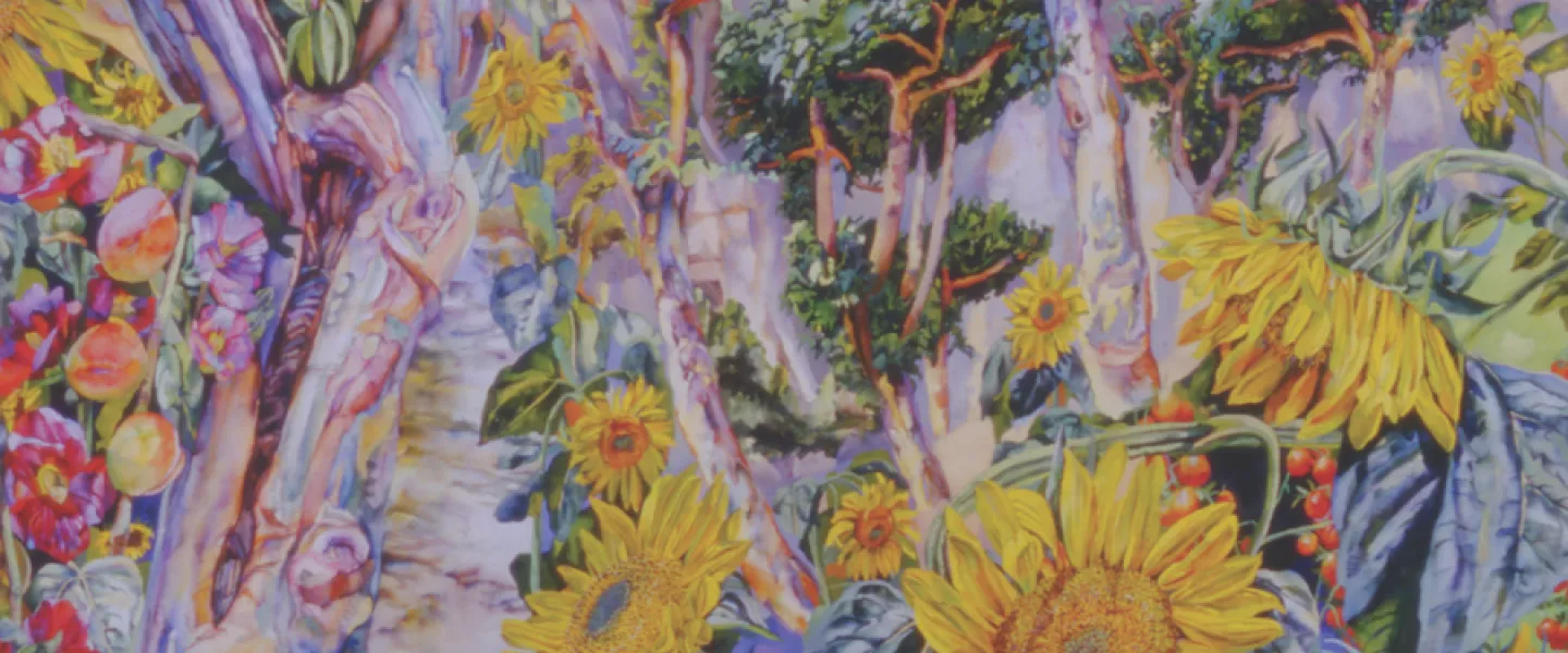 Abstract painting with sunflowers, colorful flowers, and swirling blue-gray brushstrokes by Patricia Tobacco Forrester.