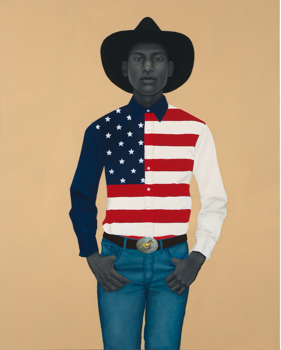 A painting of a man wearing a cowboy hat and a shirt designed with the American flag, standing against a neutral background.