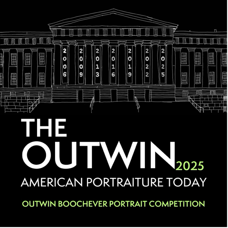 Promotional graphic for 'The Outwin 2025 American Portraiture Today,' featuring a sketch of a neoclassical building and text highlighting the portrait competition.