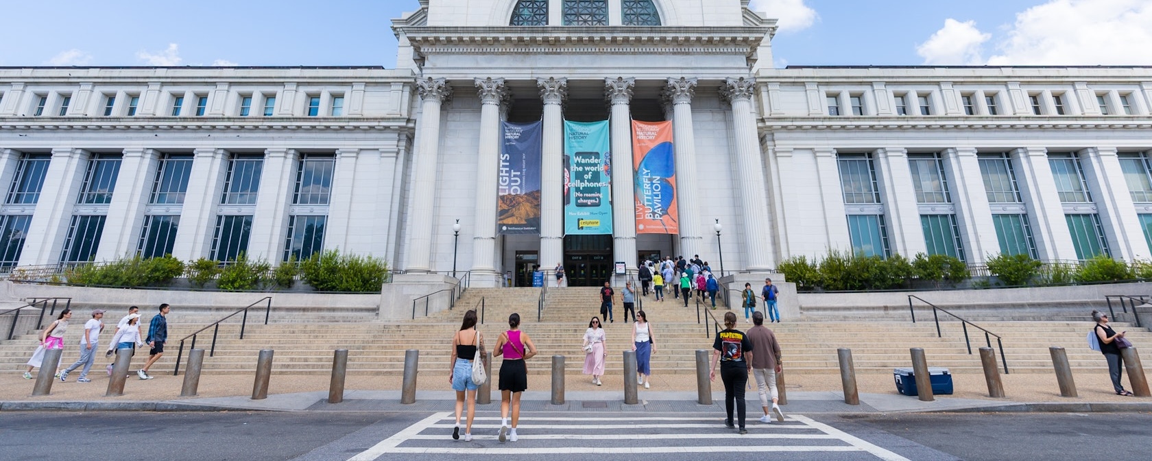 The exterior of the National Museum of Natural History in DC, with visitors ascending the grand stairs out front. 