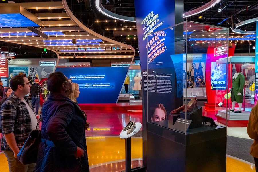 Visitors view Dorothy’s ruby slippers and other pop culture memorabilia at the National Museum of American History.