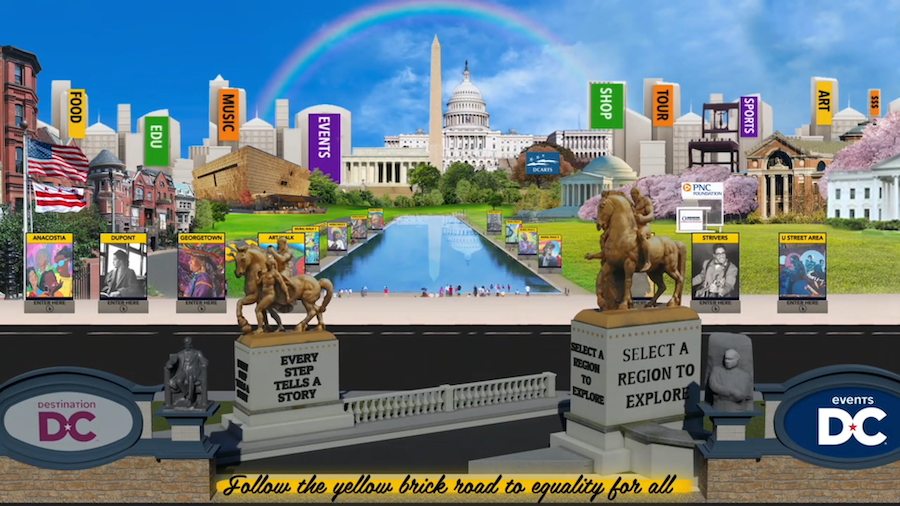 A colorful illustrated virtual city map of Washington, DC highlighting neighborhoods, landmarks and cultural themes.