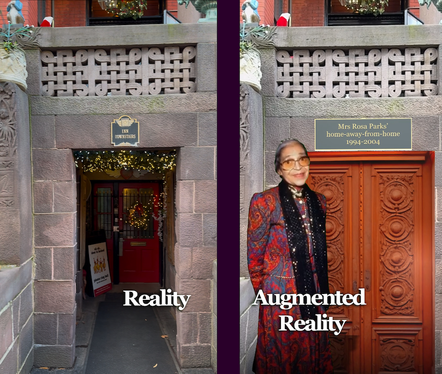 An augmented reality image of Rosa Parks appears in front of a doorway at the O Museum in Washington, DC.