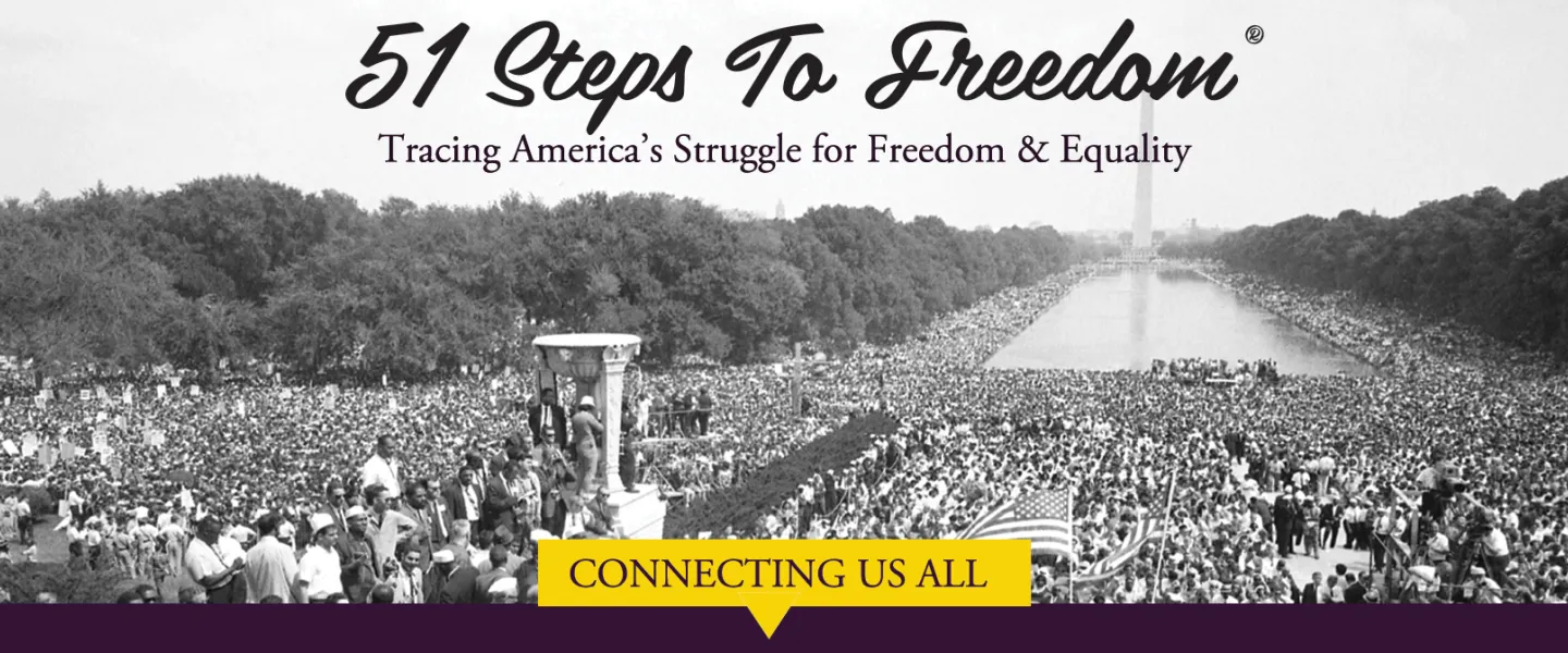 A historic black-and-white image of a massive civil rights crowd on the National Mall with overlaid campaign text.
