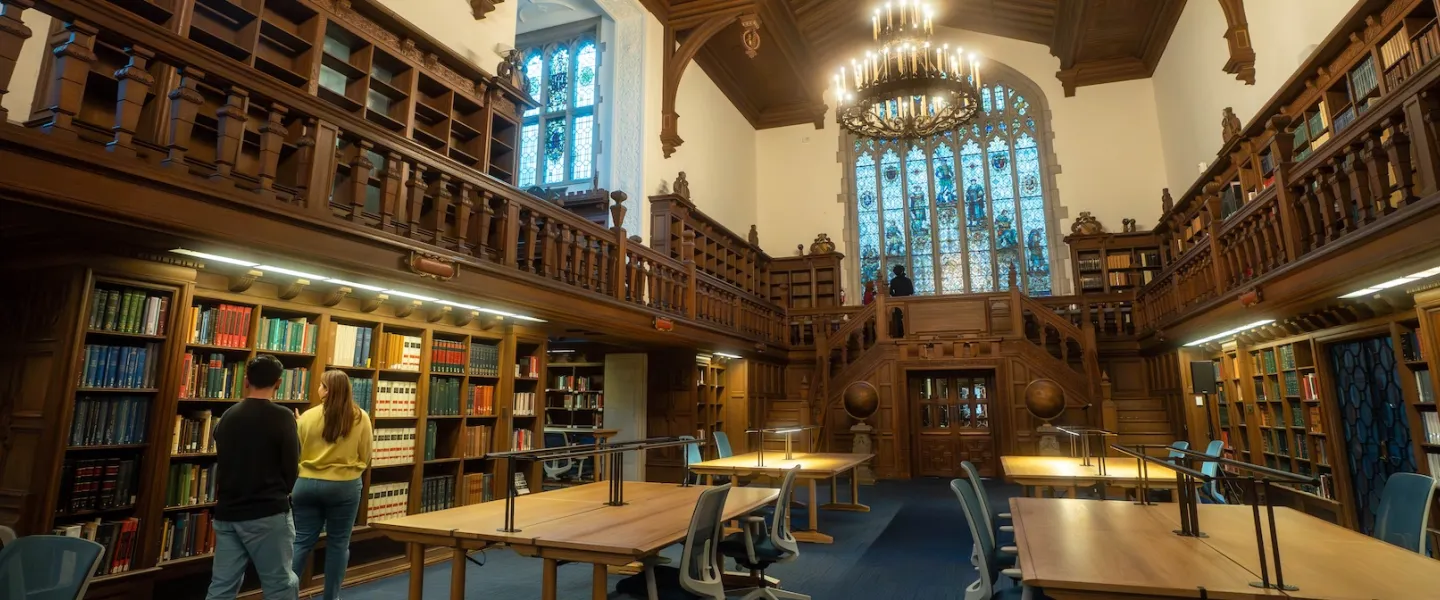 A wide view of the Reading Room, a beautiful and historic library inside the Folger Shakespeare Library.